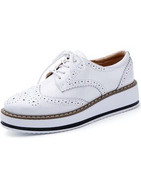 Women's Off-White Round Toe Lace Up Leather Oxford Shoes Wingtip White Platform